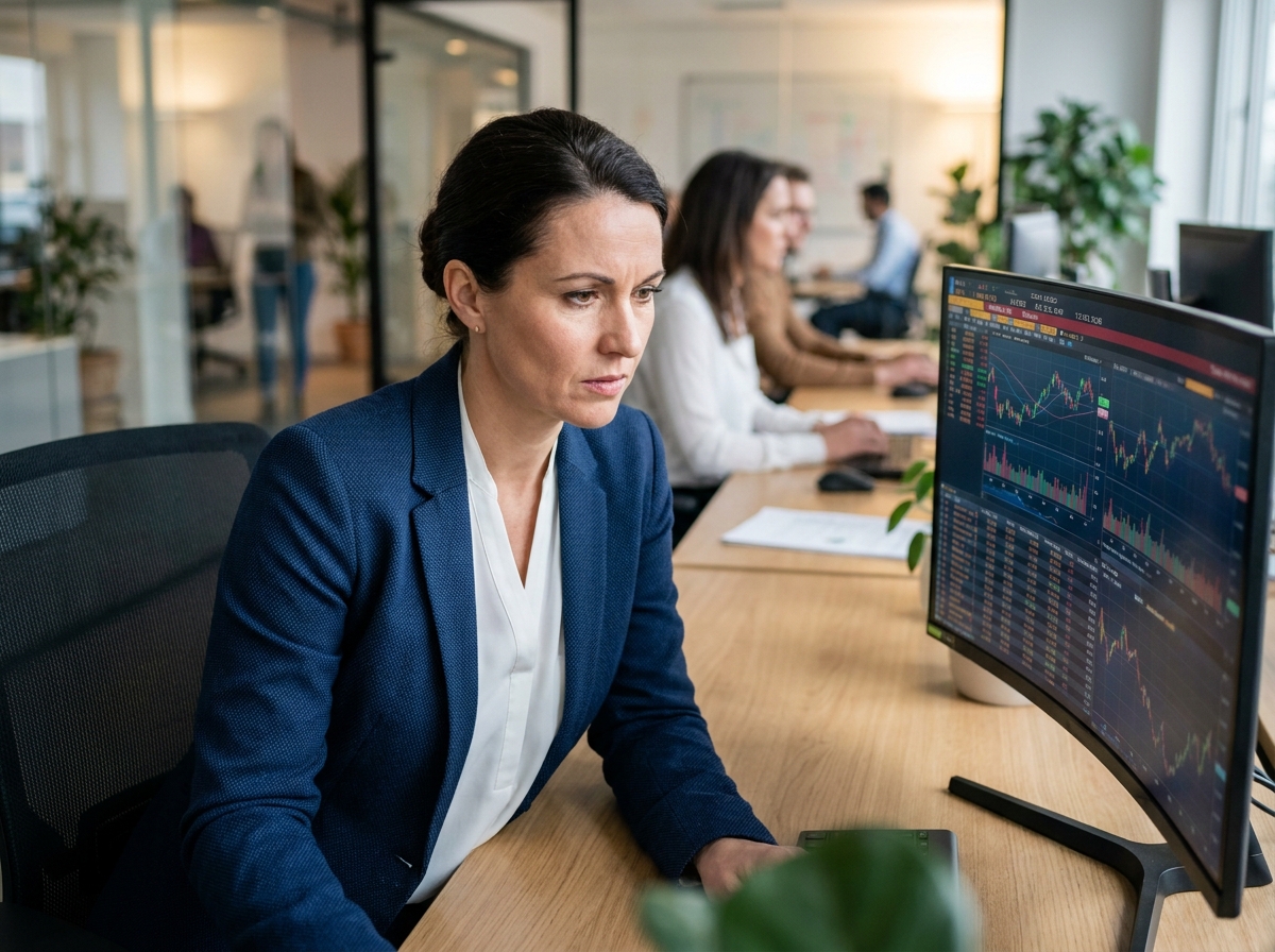 Responsable financière analysant un logiciel de trésorerie sur un grand écran dans un bureau moderne