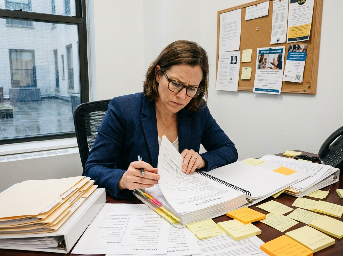 Responsable de formation stressée face aux documents d'audit Qualiopi dans un bureau administratif