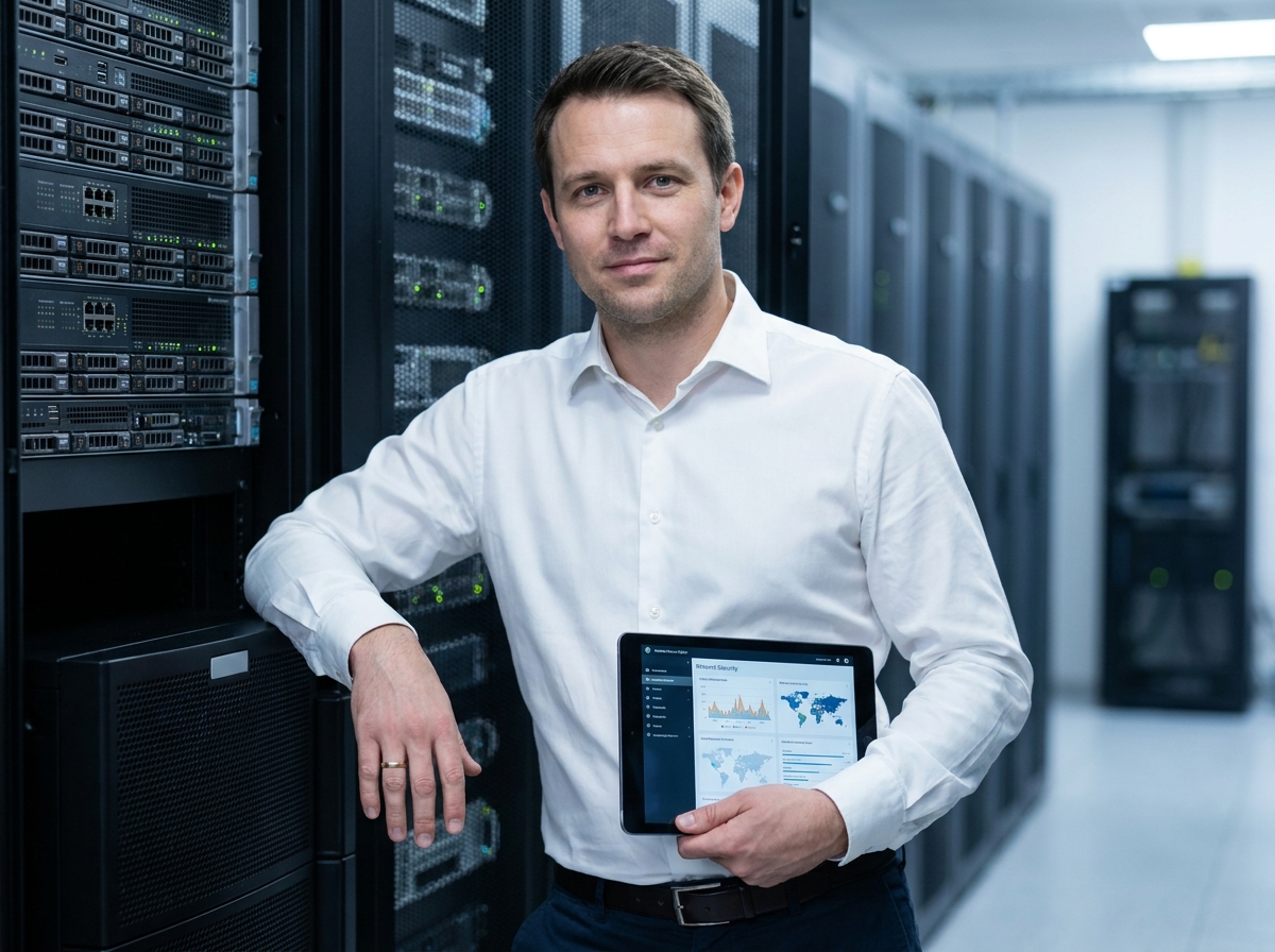 Responsable informatique dans une salle de serveurs vérifiant la sécurité réseau de son entreprise sur une tablette numérique