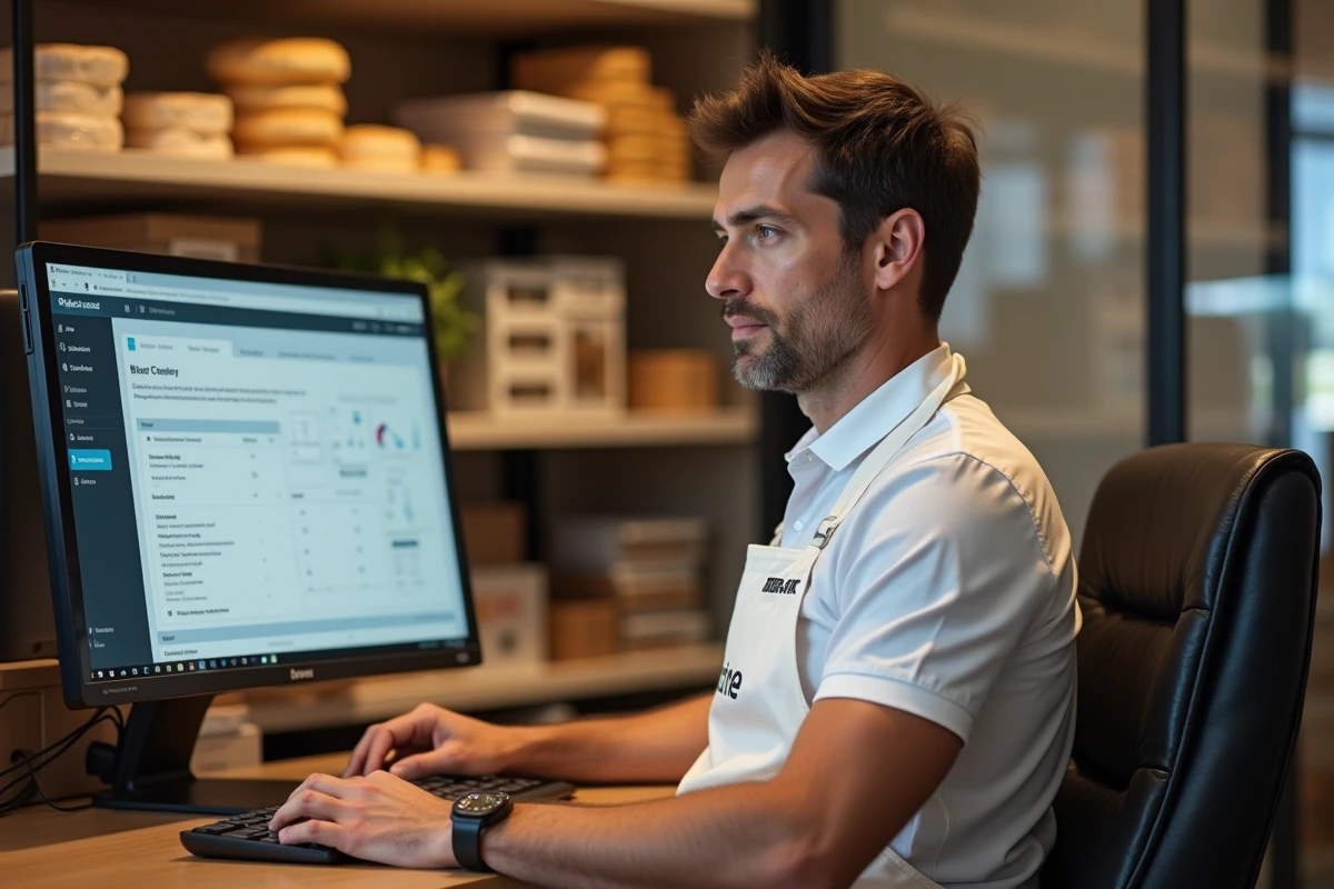 Responsable de boulangerie Marie Blach&egrave;re utilisant l'intranet au bureau du magasin