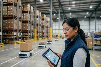 Responsable logistique analysant des données IoT en temps réel dans un entrepôt connecté avec robots autonomes