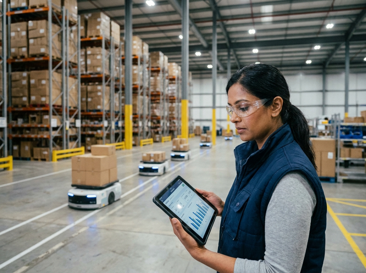 Responsable logistique analysant des données IoT en temps réel dans un entrepôt connecté avec robots autonomes