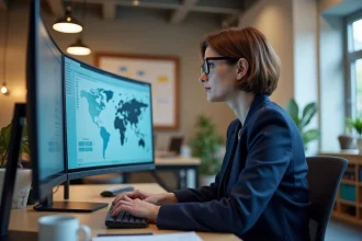 Responsable PME analysant les tableaux de bord d'un logiciel PGI ERP sur un grand écran incurvé dans un bureau moderne