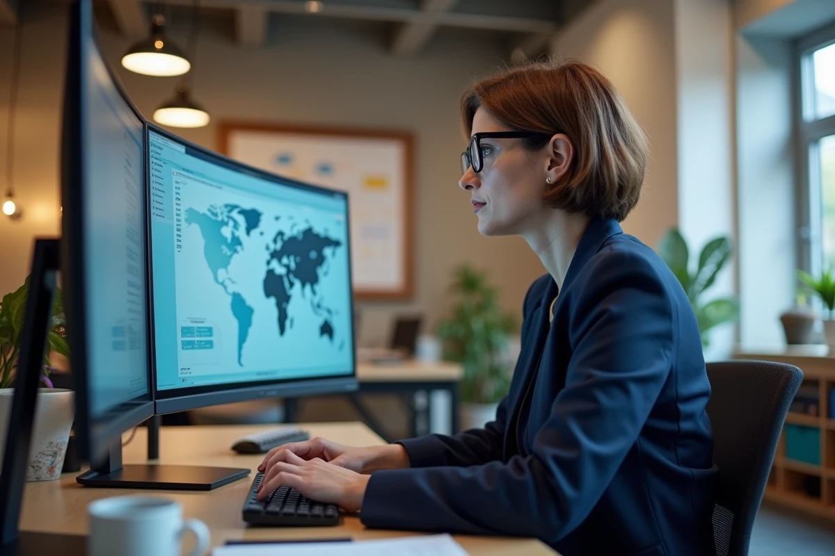 Responsable PME analysant les tableaux de bord d'un logiciel PGI ERP sur un grand écran incurvé dans un bureau moderne
