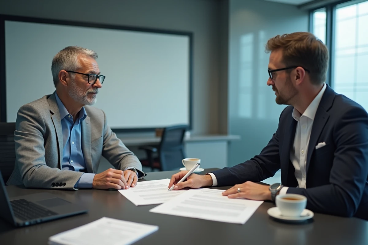 Responsable RH expliquant les clauses d'indemnité de fin de contrat à un employé lors d'un entretien professionnel