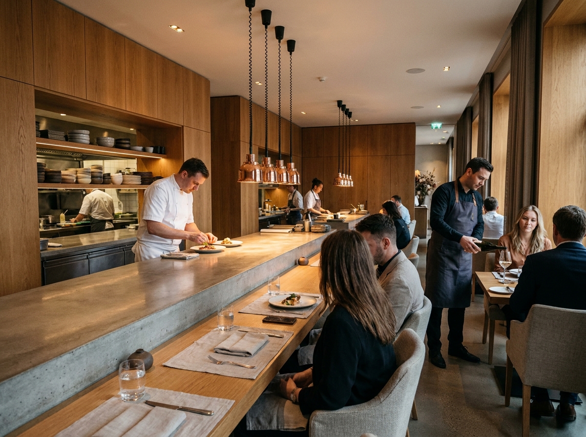 Restaurant ouvert sur la cuisine avec comptoir en béton poli, chef en tenue blanche et espace salle harmonieux en bois chaud