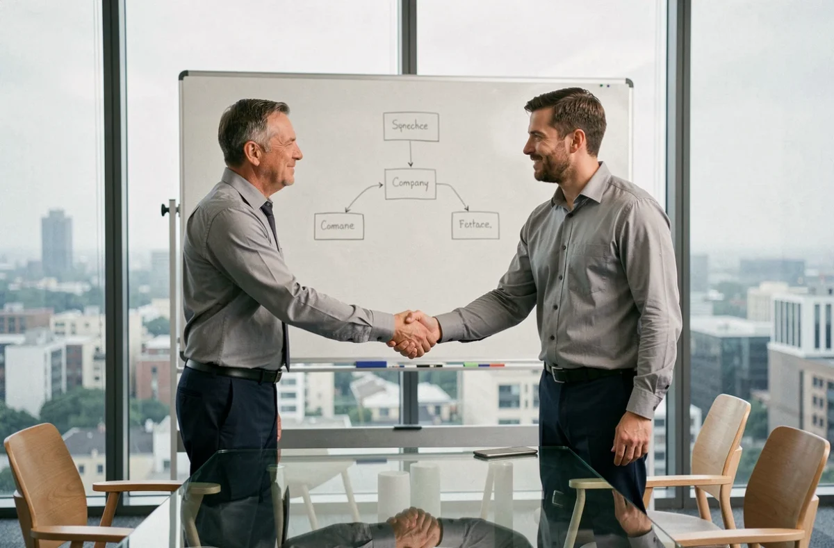 Deux professionnels se serrant la main devant un tableau blanc avec un organigramme illustrant le fonctionnement du portage salarial