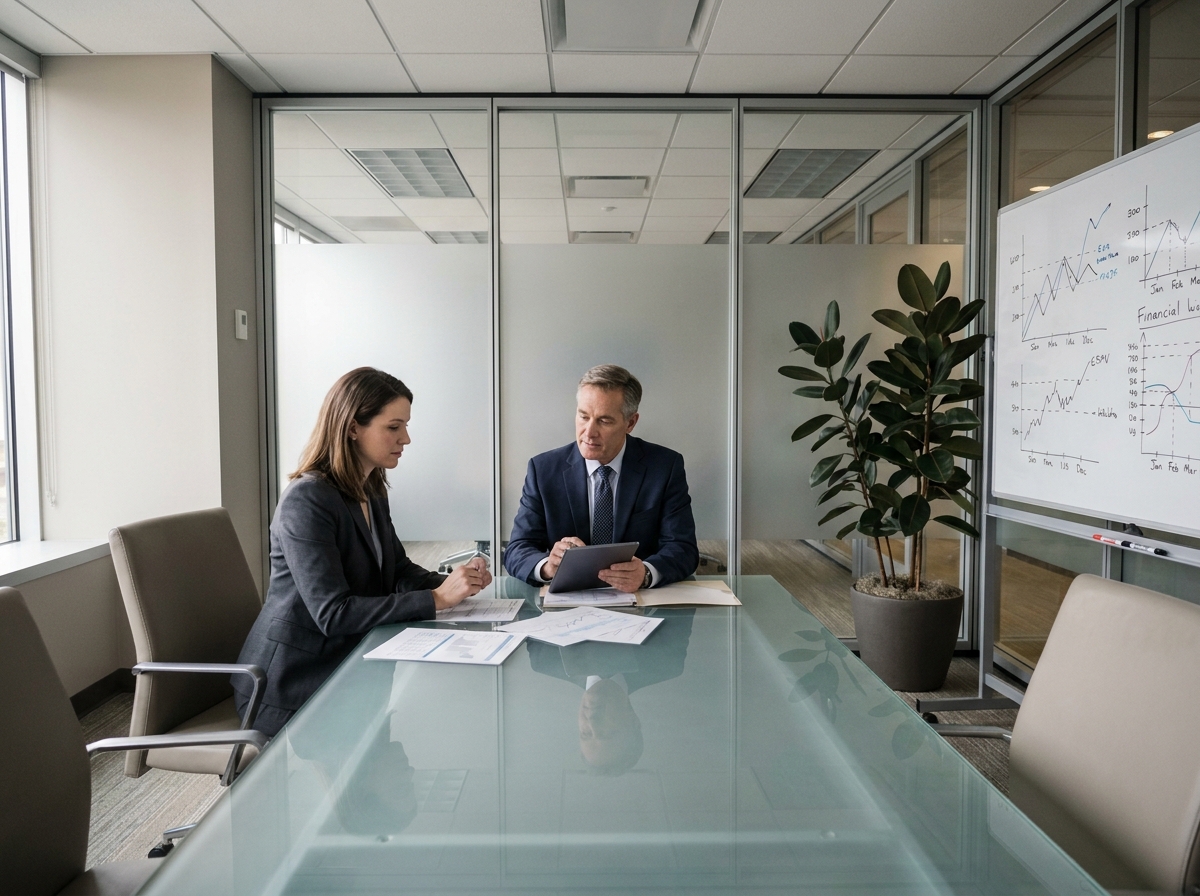 Directrice financière et auditeur légal en réunion de révision des comptes annuels d'une PME