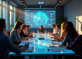 Influence 2025: Prévisions et tendances à suivre pour votre stratégie de communication Groupe de professionnels en brainstorming avec infographies modernes