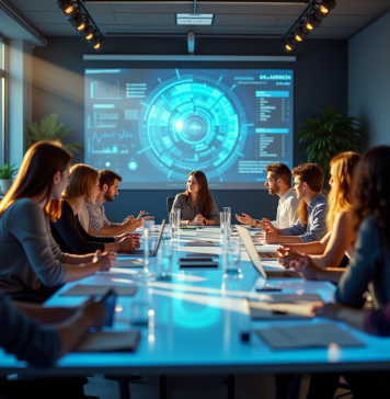 Groupe de professionnels en brainstorming avec infographies modernes