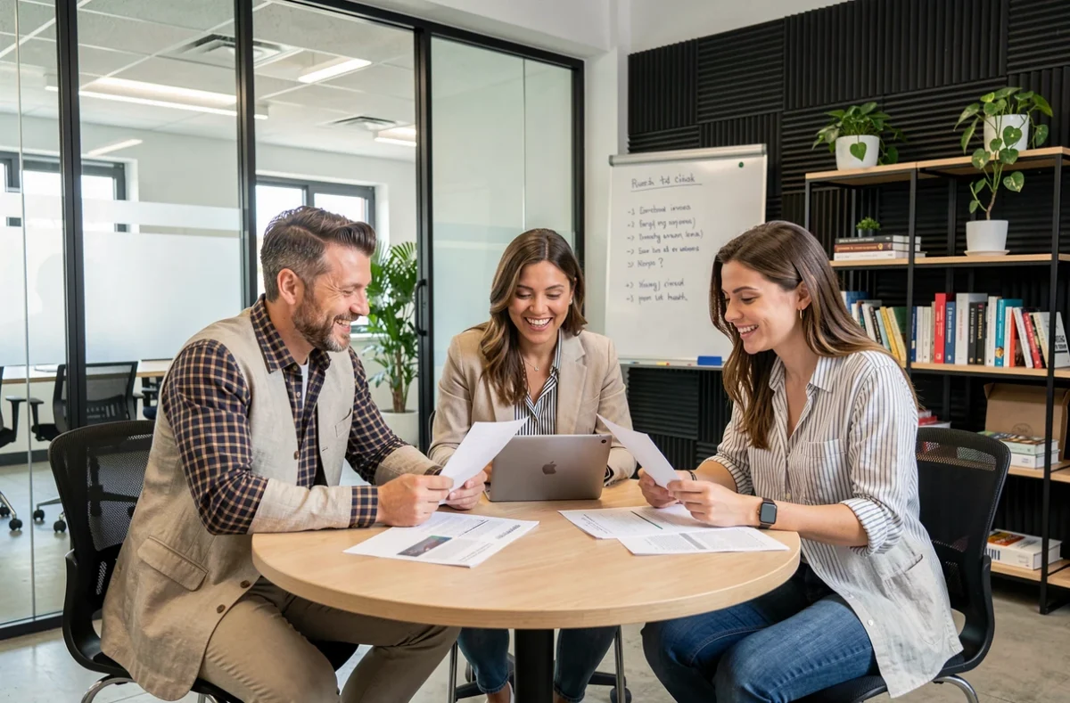 Groupe d'entrepreneurs en réunion collaborative dans un espace de coworking à Bègles, autour d'une table ronde avec documents et tablette