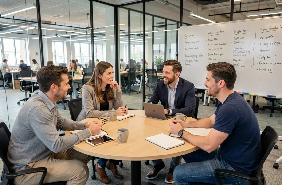 Équipe de professionnels en réunion collaborative dans un espace de coworking à Pau