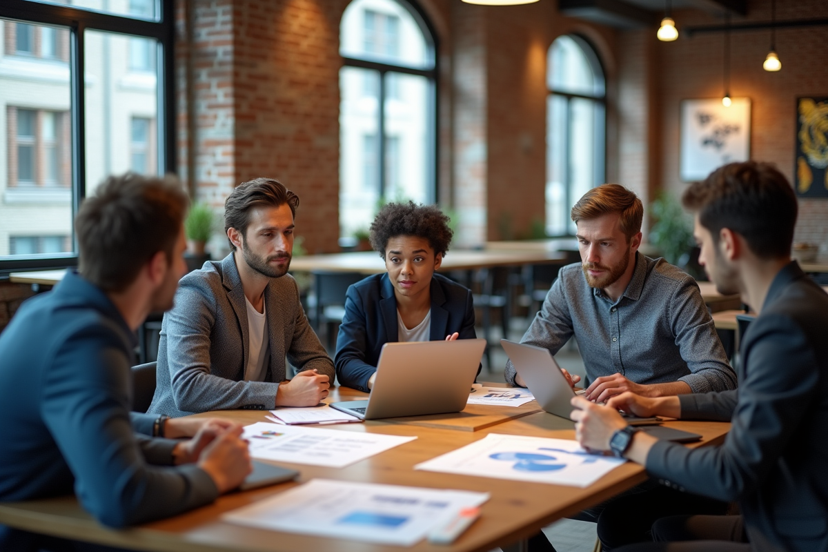Groupe de professionnels discutant autour d