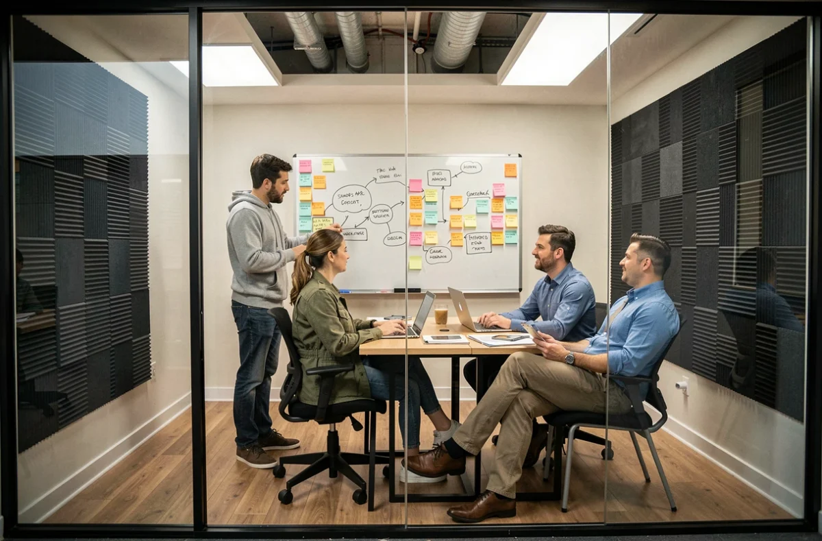 Équipe nomade en réunion de collaboration dans une salle vitrée d'un coworking à Massy