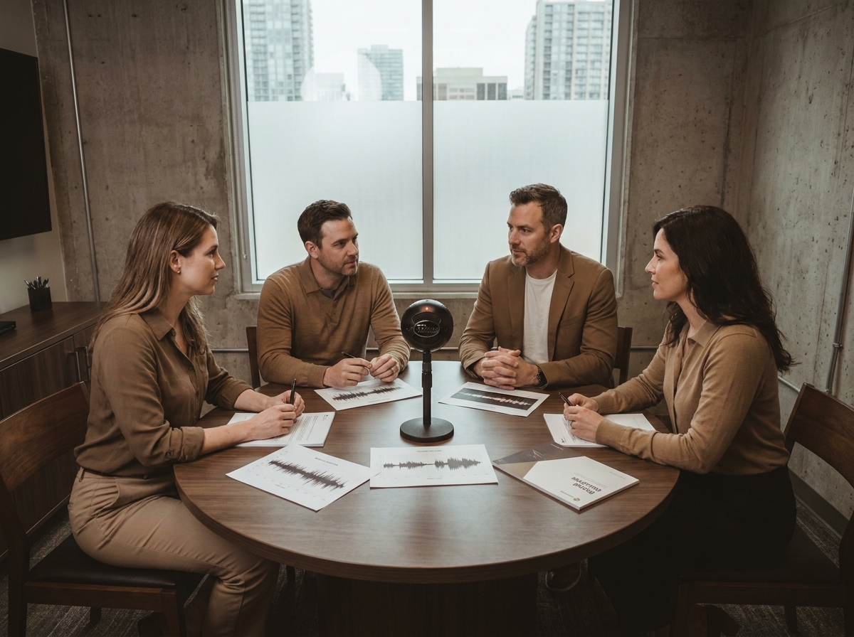 Équipe de professionnels en réunion autour d'un microphone omnidirectionnel pour définir la stratégie de communication sonore de leur entreprise