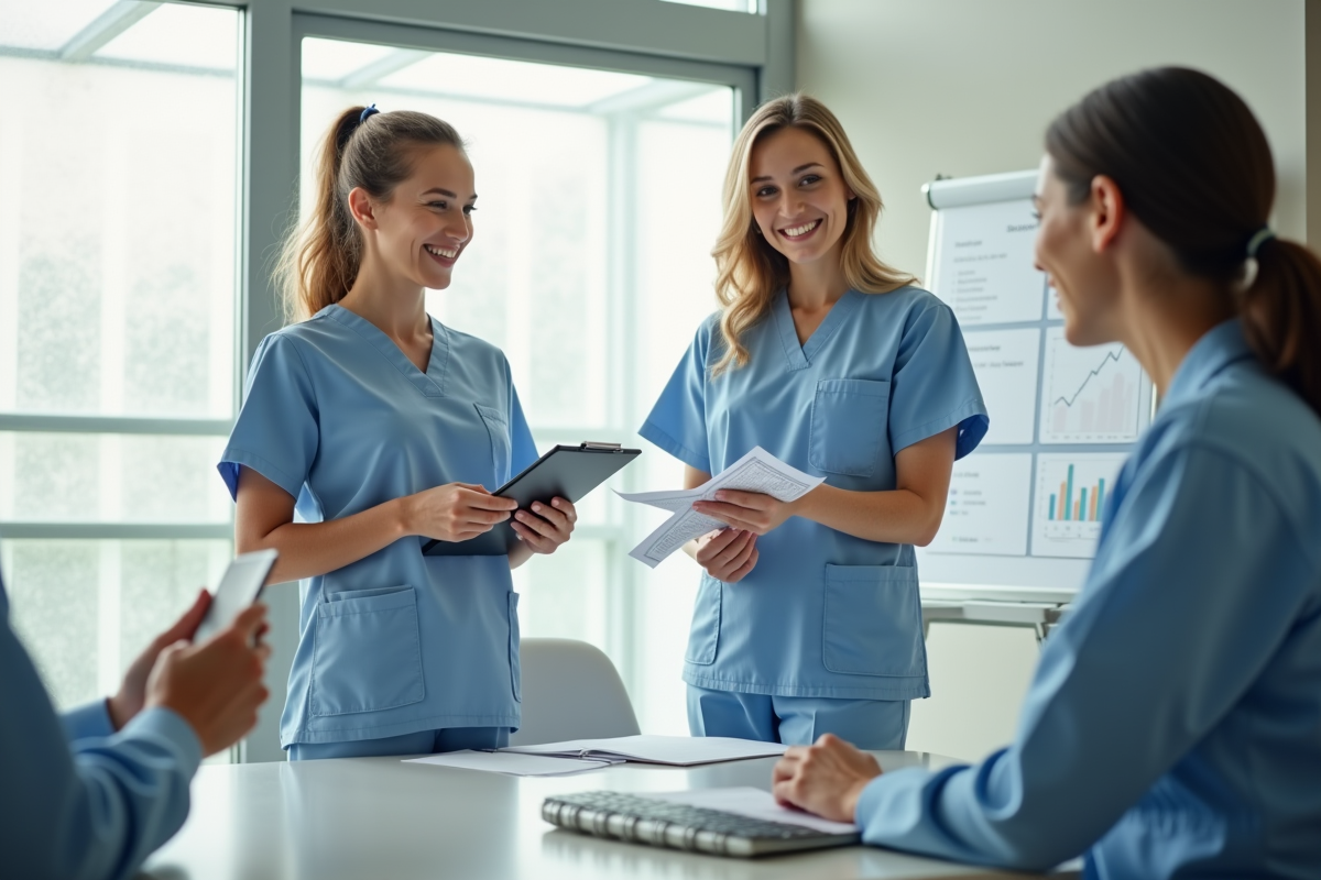 Deux infirmieres discutant de documents dans une salle lumineuse