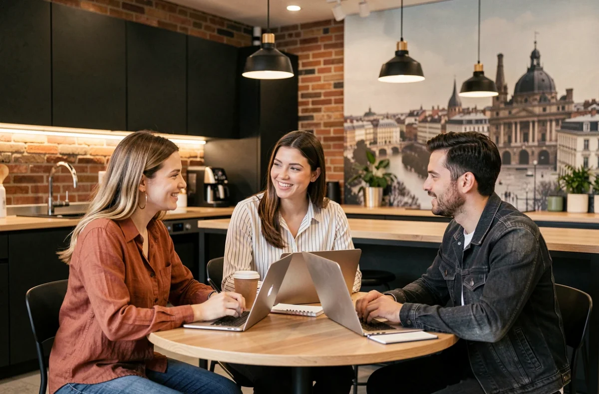 Groupe de professionnels en réunion informelle dans l'espace lounge d'un coworking à Lyon Part-Dieu