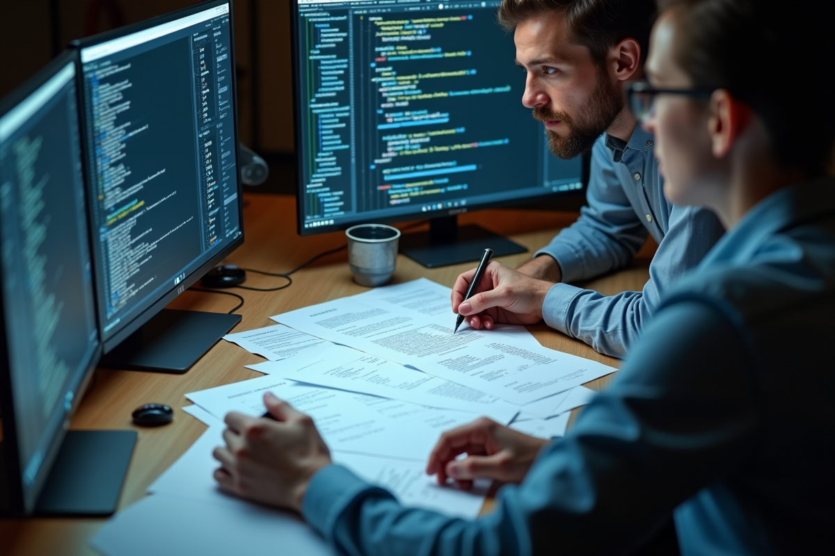 Réunion entre programmeurs analysant du code C sur papier et écrans