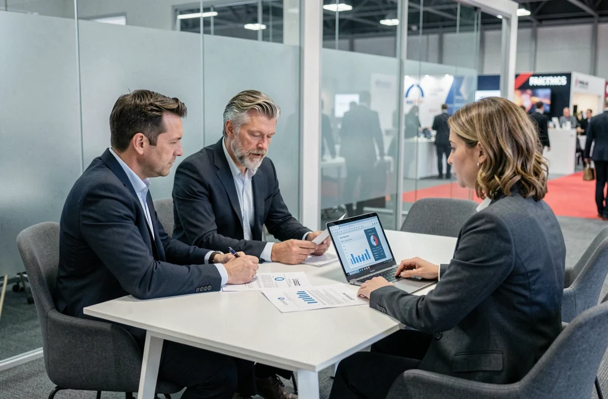 Réunion professionnelle d'analyse de ROI et de retombées lors d'un salon d'entreprise avec documents et données financières