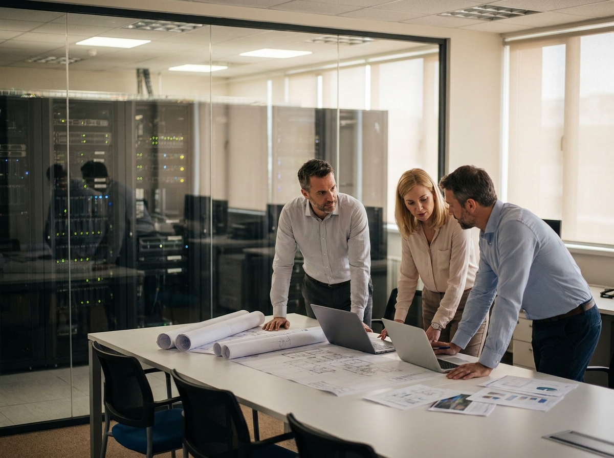 Équipe professionnelle en réunion pour sélectionner un data center à Bordeaux