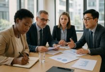 Groupe de professionnels en réunion dans un bureau lumineux