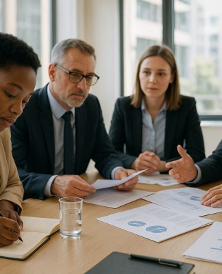 Groupe de professionnels en réunion dans un bureau lumineux