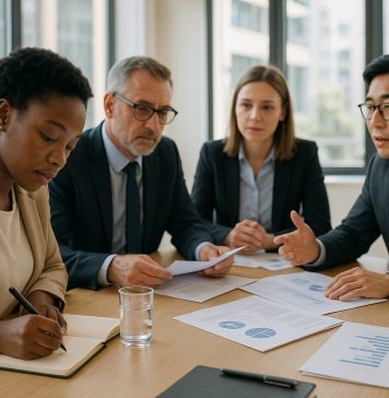 Groupe de professionnels en réunion dans un bureau lumineux