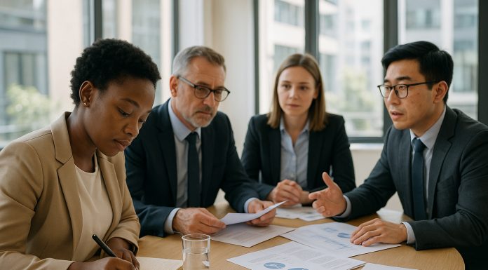 Groupe de professionnels en réunion dans un bureau lumineux