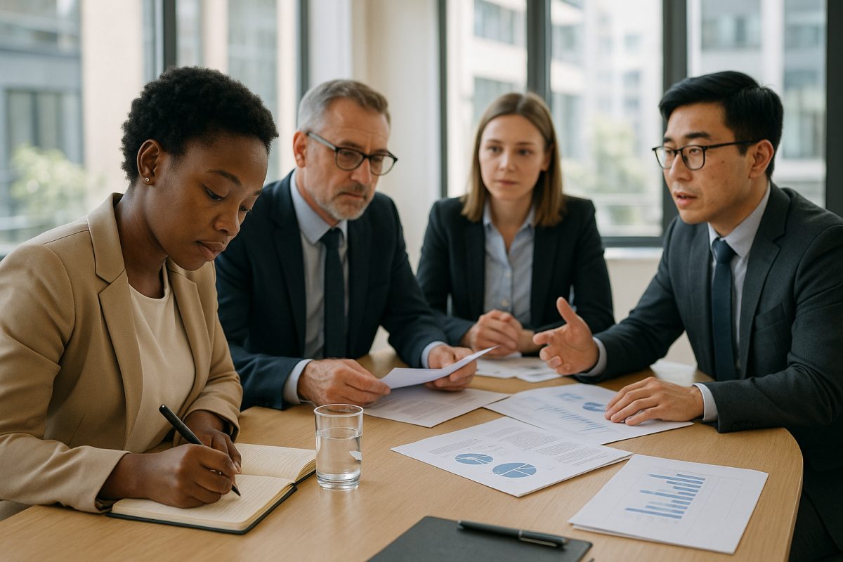 Groupe de professionnels en réunion dans un bureau lumineux