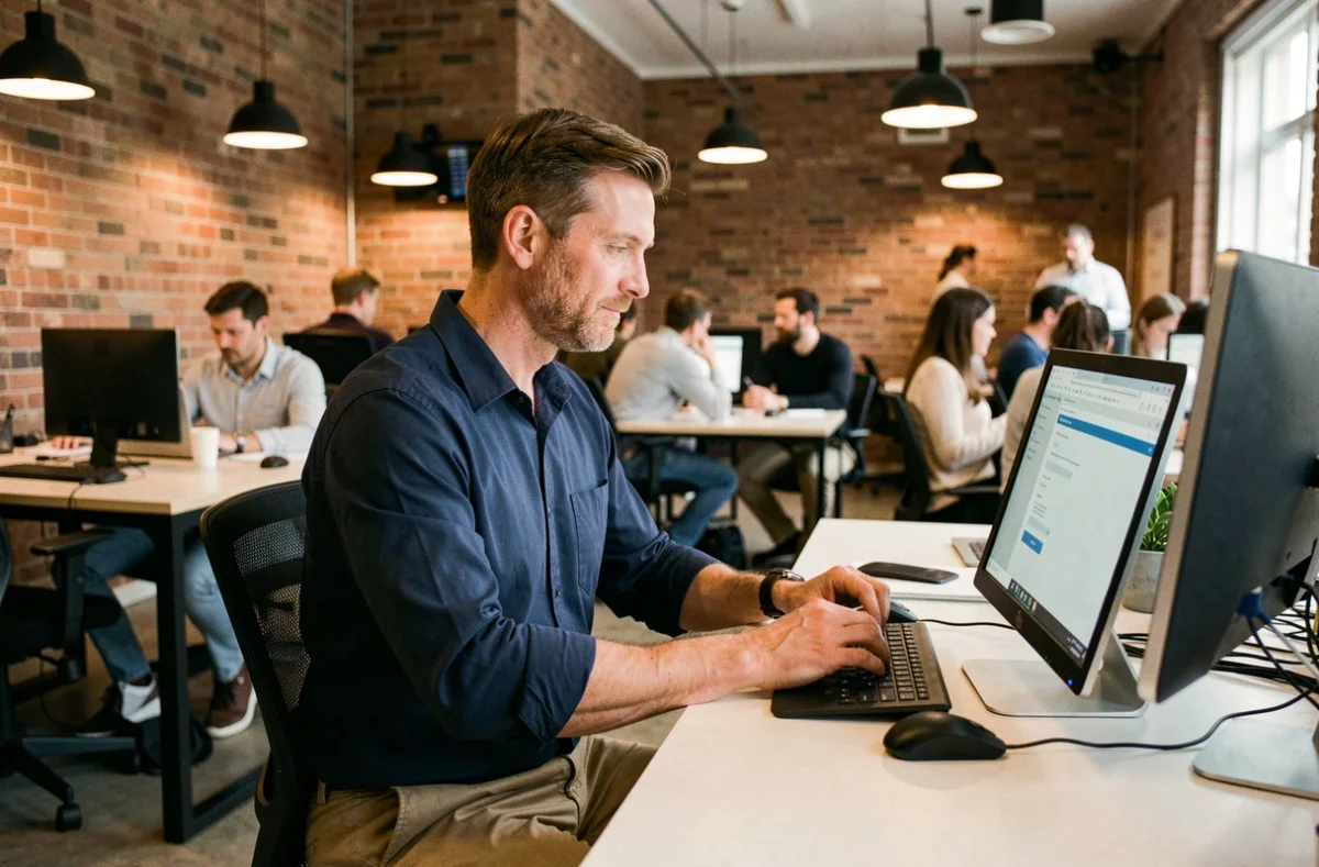 Homme salarié travaillant sur la création de sa micro-entreprise dans un espace de coworking