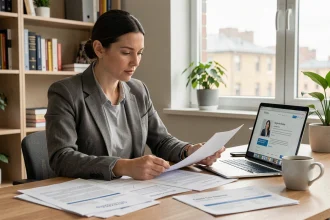 Femme salariée créant sa micro-entreprise depuis son bureau à domicile avec des documents administratifs et un ordinateur portable
