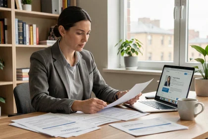 Femme salariée créant sa micro-entreprise depuis son bureau à domicile avec des documents administratifs et un ordinateur portable