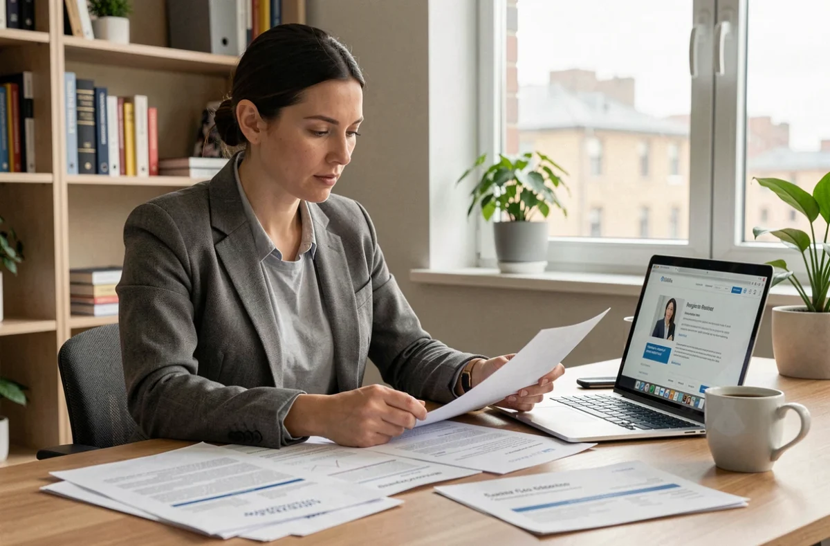 Femme salariée créant sa micro-entreprise depuis son bureau à domicile avec des documents administratifs et un ordinateur portable