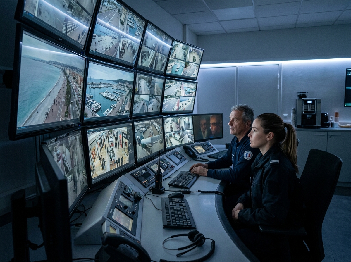 Salle de contrôle de vidéosurveillance avec des opérateurs de sécurité à Nice