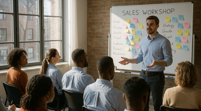 Salle de formation moderne avec participants attentifs