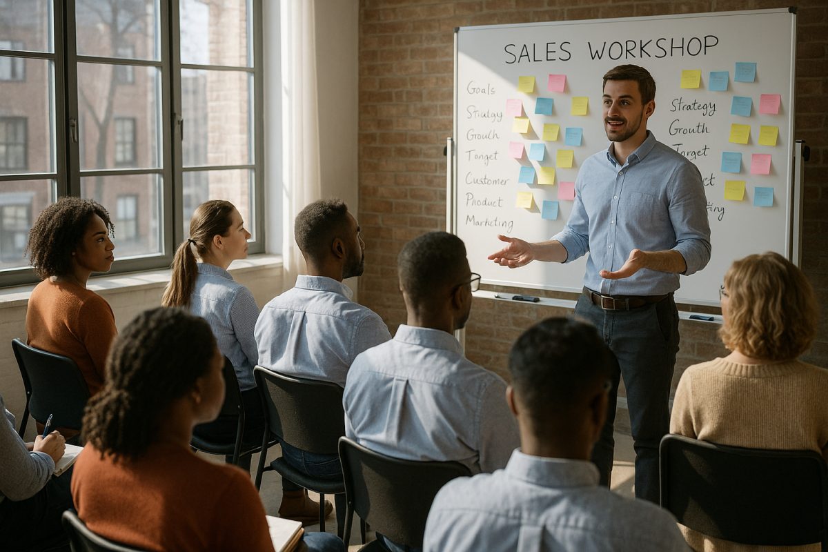 Salle de formation moderne avec participants attentifs