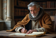 Histoire de la notion de bien commun : origine et inventeur Savant âgé écrivant sur un parchemin dans une bibliothèque ancienne