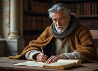 Histoire de la notion de bien commun : origine et inventeur Savant âgé écrivant sur un parchemin dans une bibliothèque ancienne