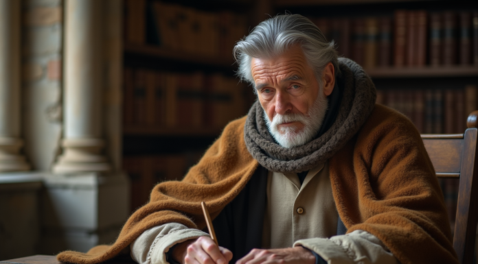 Savant âgé écrivant sur un parchemin dans une bibliothèque ancienne