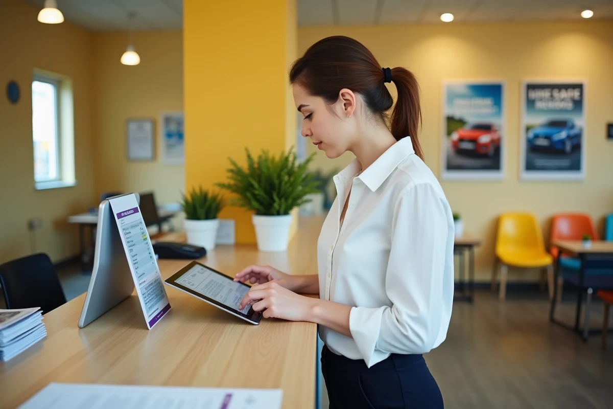 Secrétaire d'auto-école gérant les inscriptions sur tablette avec un logiciel de gestion