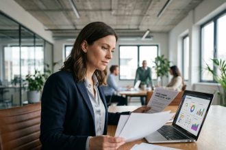Responsable formation évaluant des critères de sélection d'une agence de Digital Learning dans un bureau moderne