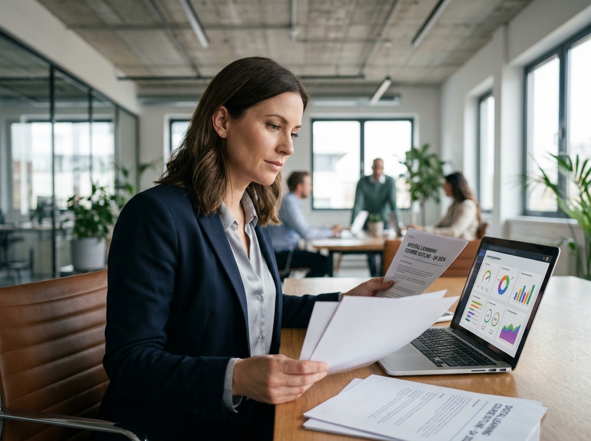 Responsable formation évaluant des critères de sélection d'une agence de Digital Learning dans un bureau moderne