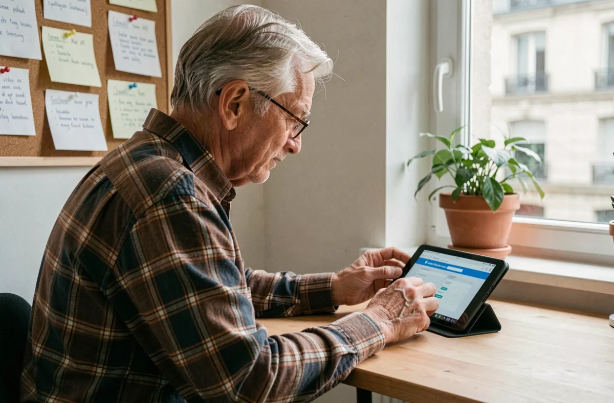 Senior utilisant une tablette pour trouver des alternatives au portail numérique de La Poste à domicile