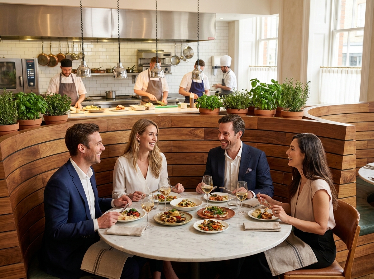 Salle de restaurant avec cuisine ouverte séparée par une cloison en bois et plantes aromatiques, ambiance ordonnée et conviviale