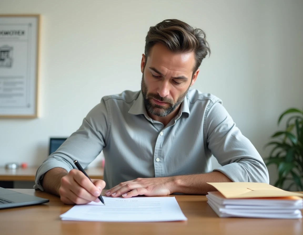 Homme signant officiellement les nouveaux statuts d'une association avec un stylo plume sur un bureau administratif