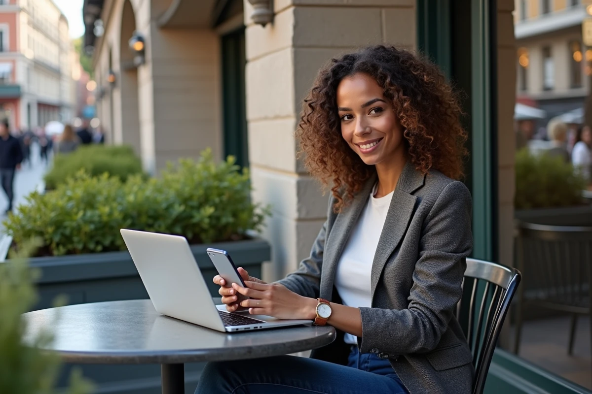 Femme gestionnaire des réseaux sociaux au cafe