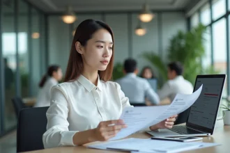 Employée d'une société de services de remise internationale analysant des documents financiers dans un bureau moderne
