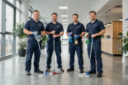 Équipe de nettoyage professionnelle en uniforme bleu marine dans un couloir de bureau propre et lumineux dans le Nord de la France