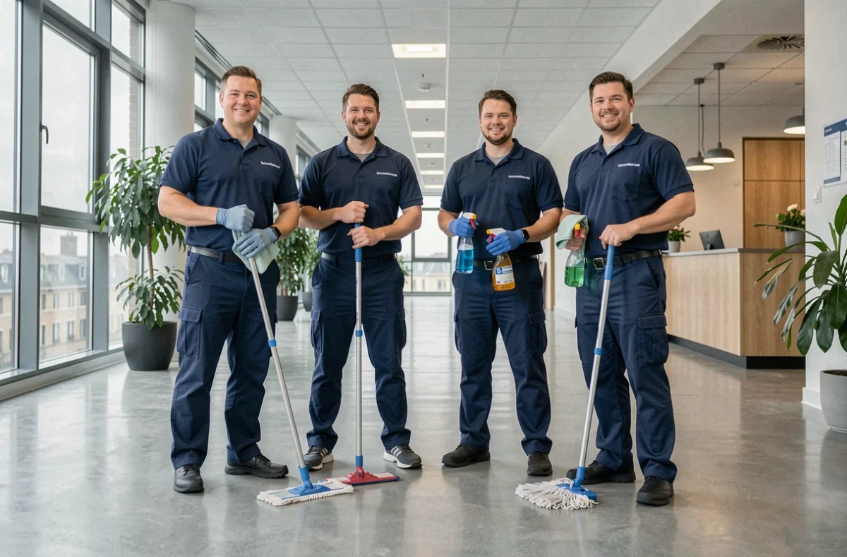 Équipe de nettoyage professionnelle en uniforme bleu marine dans un couloir de bureau propre et lumineux dans le Nord de la France