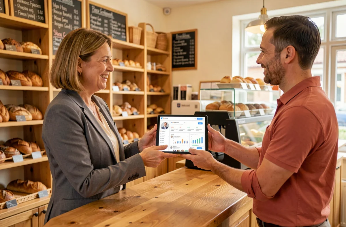 Consultant Solocal présentant un tableau de bord de présence en ligne à une entrepreneuse locale dans sa boutique